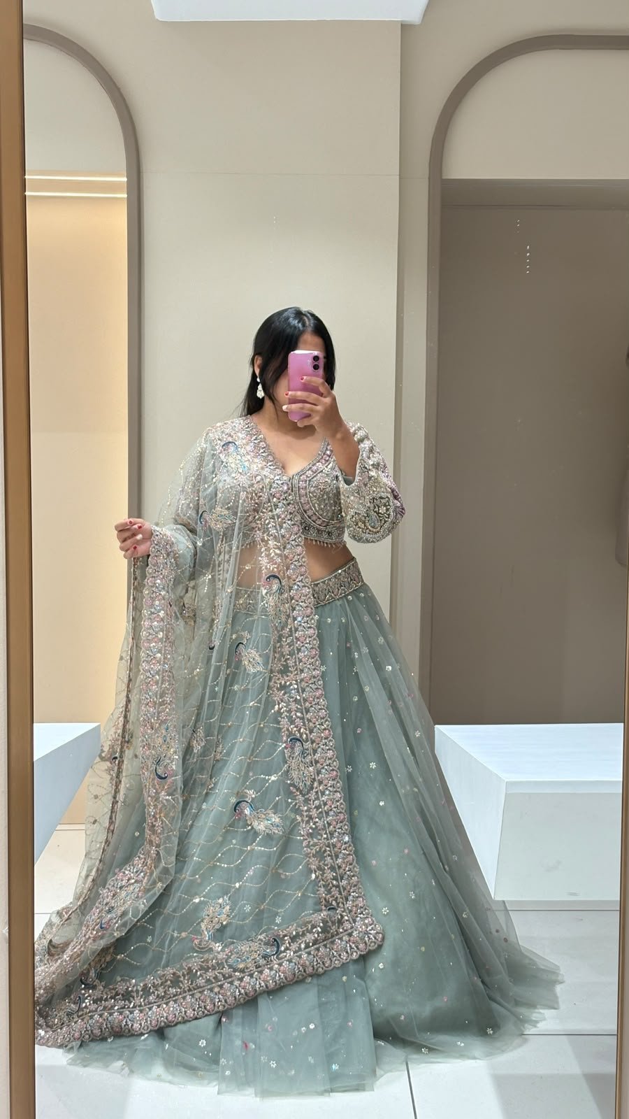 Sage Grey Pearl & Sequin Embroidered Lehenga Set | 3-Piece Blouse, Lehenga & Dupatta