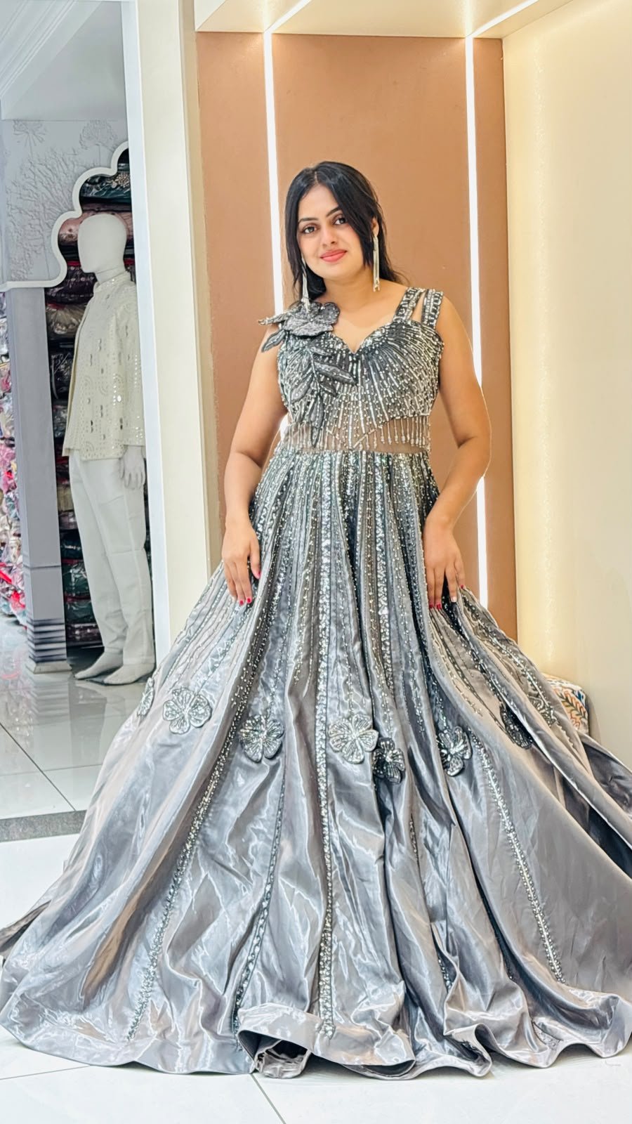 Silver Grey Pearl & Sequin Ball Gown | Single Piece