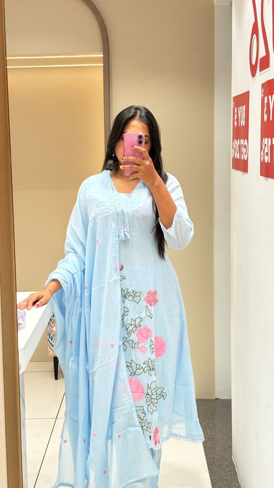 Sky Blue Chikankari Floral Suit Set | 3-Piece Kurti, Pants & Dupatta