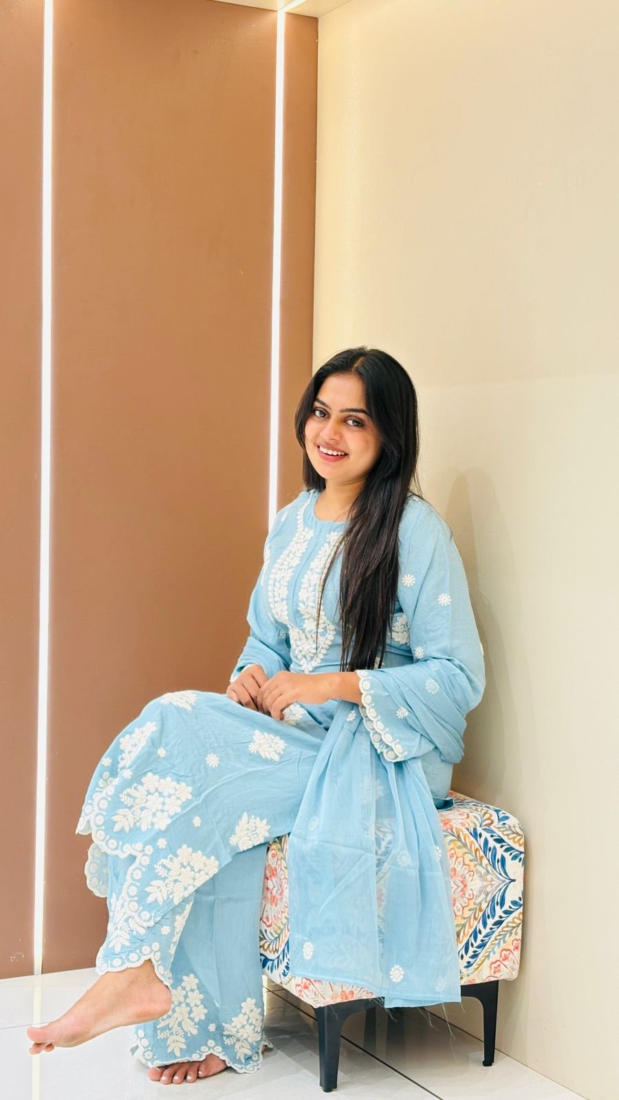 Sky Blue Chikankari Sharara Set | 2-Piece Kurti & Sharara