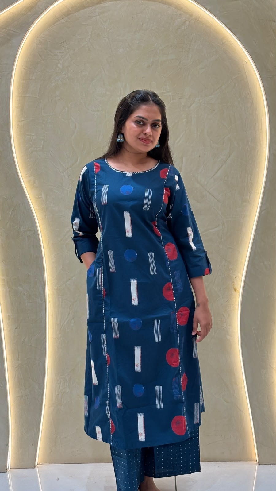 Teal Blue Abstract Print Kurta with Polka Dot Palazzo Pants | 2-Piece
