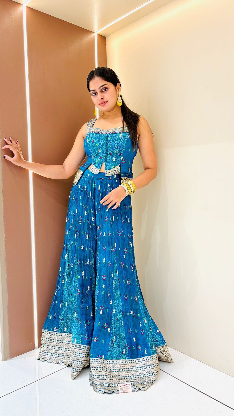 Teal Embroidered Crop Top & Sharara Set | 2-Piece - Image 4