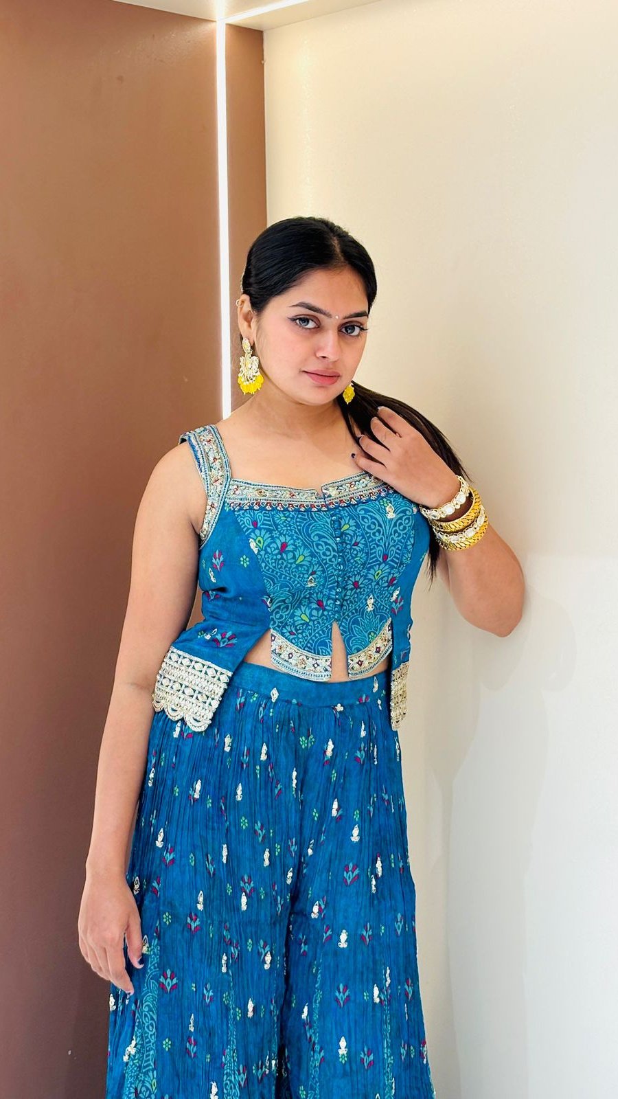 Teal Embroidered Crop Top & Sharara Set | 2-Piece - Image 6