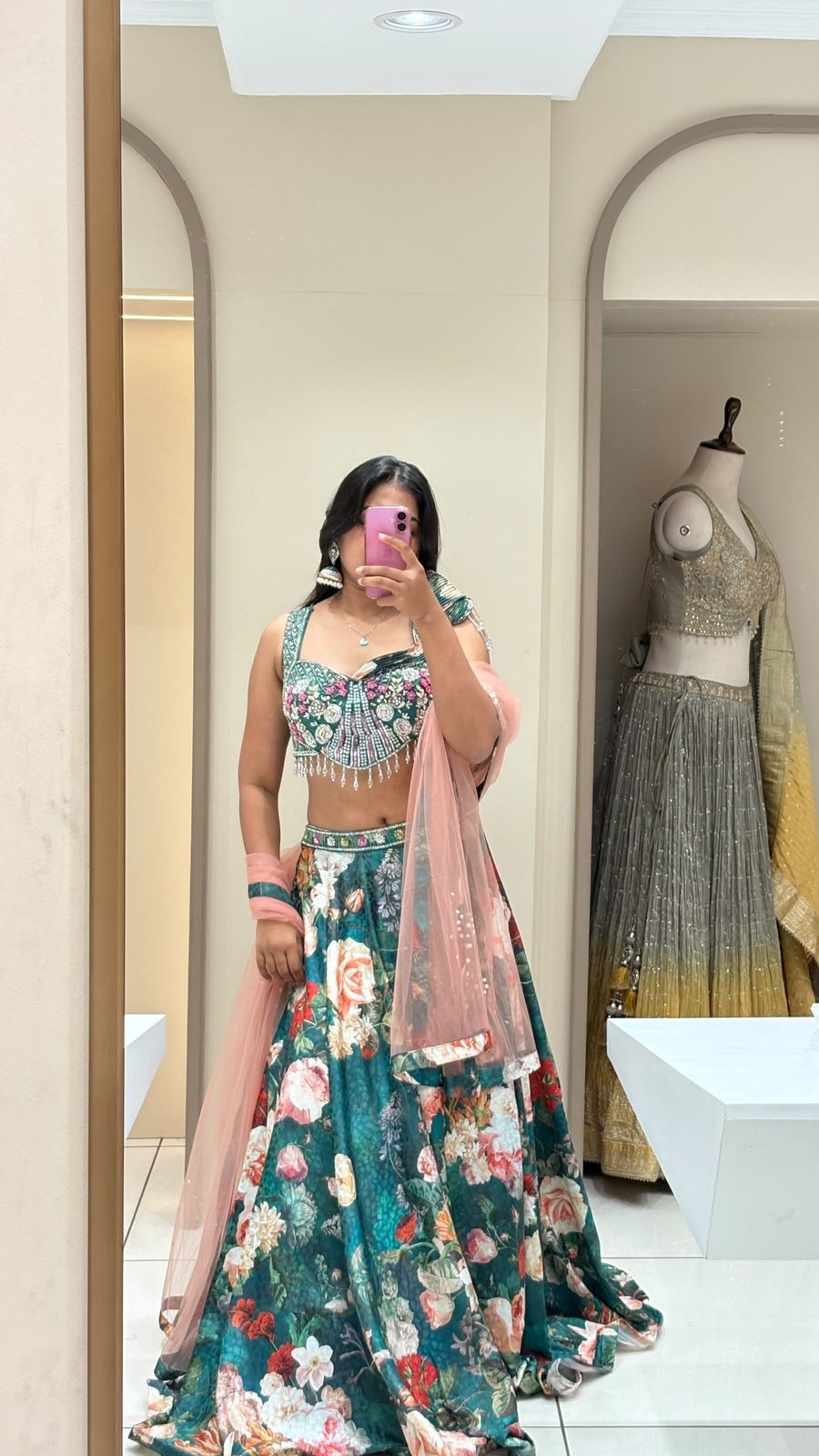 Teal Green Floral Print Embellished Crop Top Lehenga with Dupatta | 3-Piece