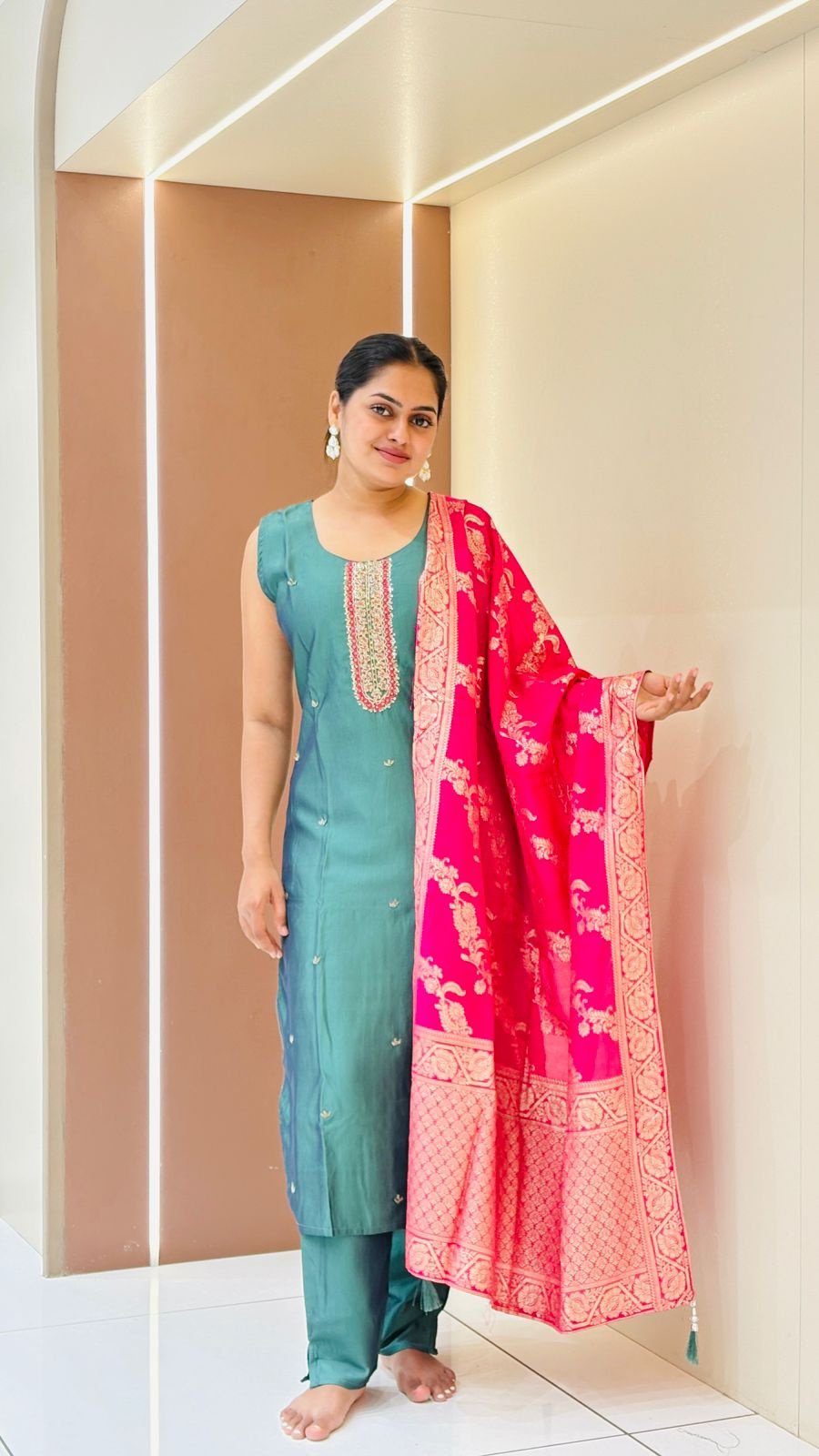 Teal Green Embroidered Suit Set with Pink Banarasi Dupatta | 3-Piece