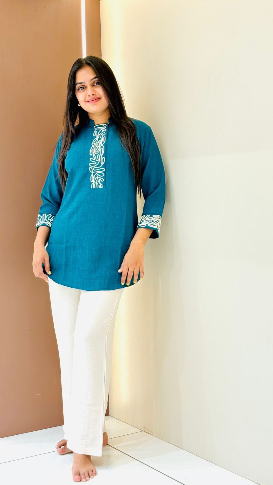 Teal Blue Embroidered Short Kurti | Casual Ethnic Top