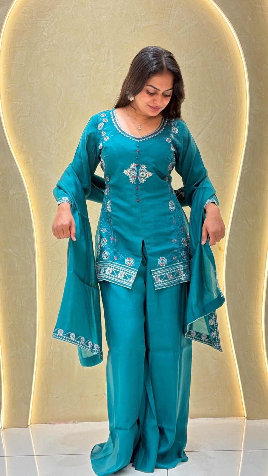 Teal Embroidered Peplum Kurta Set with Palazzo Pants & Dupatta | 3-Piece