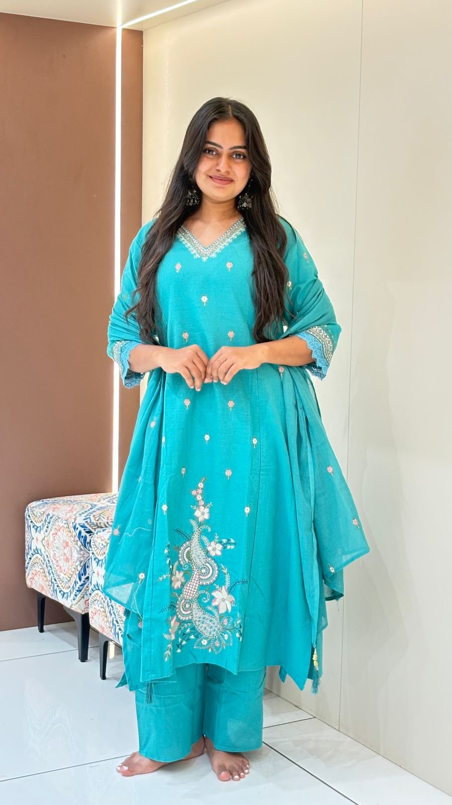 Teal Peacock Embroidered A-Line Suit Set | 3-Piece Kurti, Pants & Dupatta