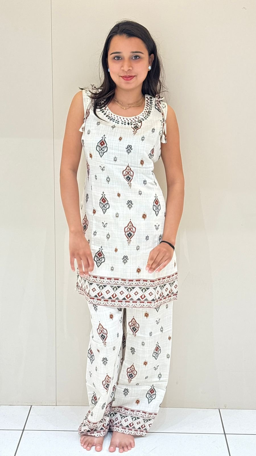 White Ajrakh Print Sleeveless Suit Set | 2-Piece Kurti & Palazzo