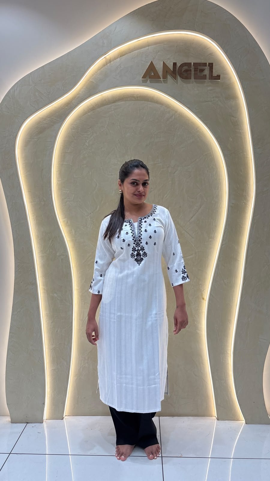 White Cotton Striped Kurta with Black Embroidered Yoke | 2-Piece