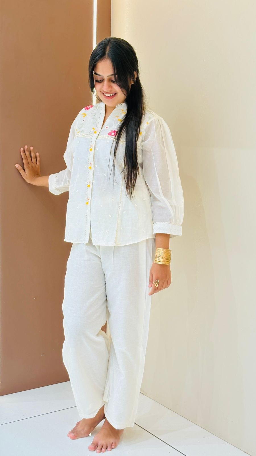 White Floral Embroidered Shirt Co-ord Set | 2-Piece Top & Pants