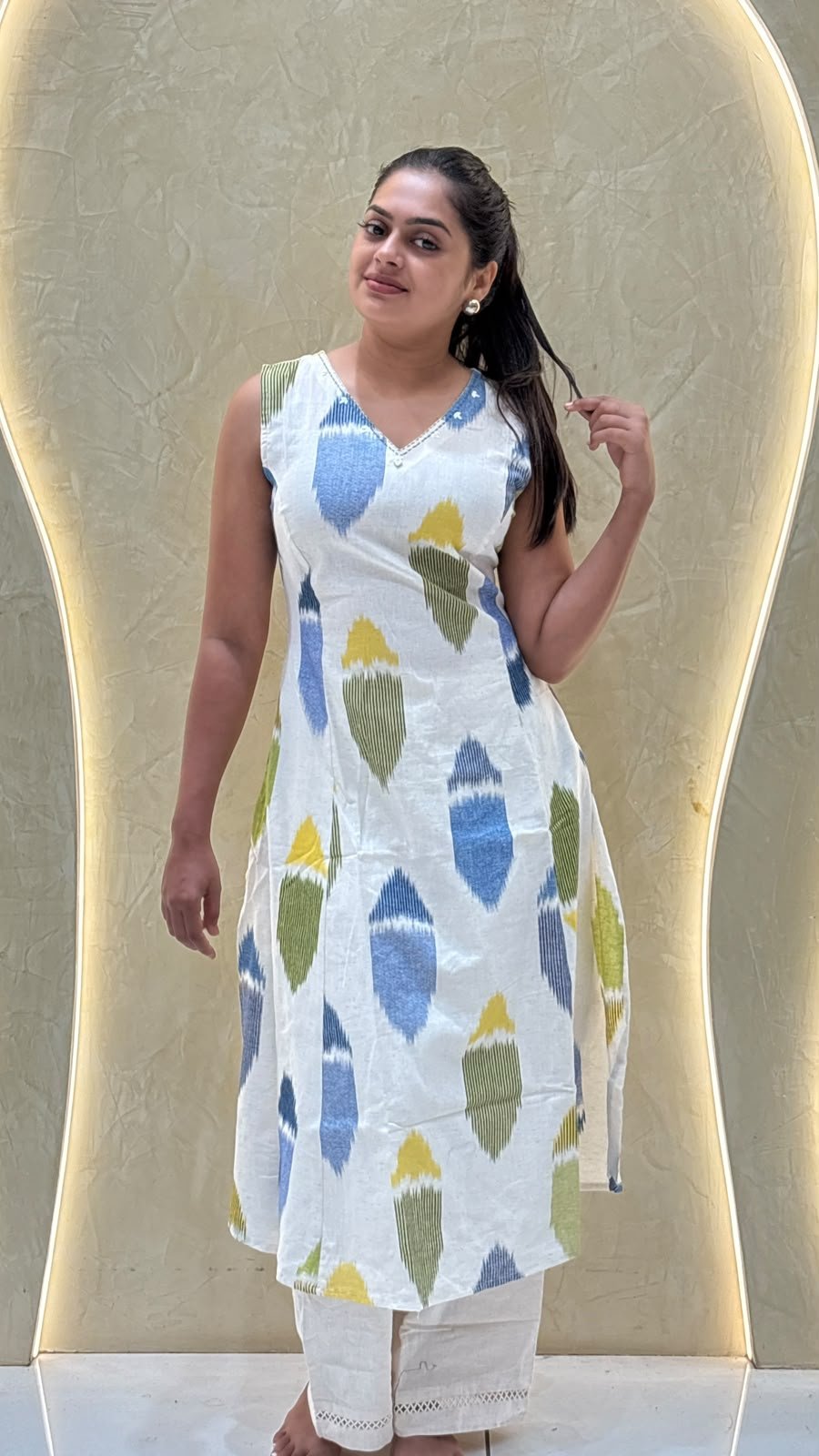 White Ikat Print Sleeveless A-Line Kurta with Pants | 2-Piece