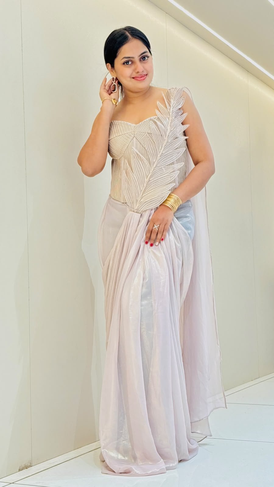 Pearl White Leaf Appliqué Draped Saree Gown | Single Piece