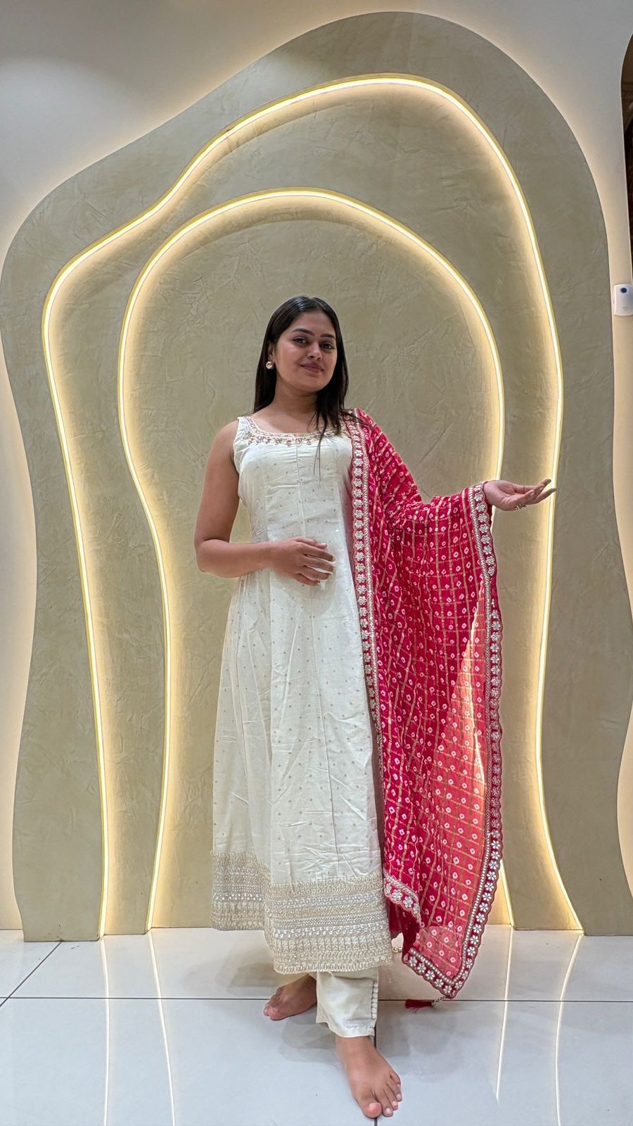 White Chikankari Anarkali Set with Red Bandhani Dupatta | 3-Piece