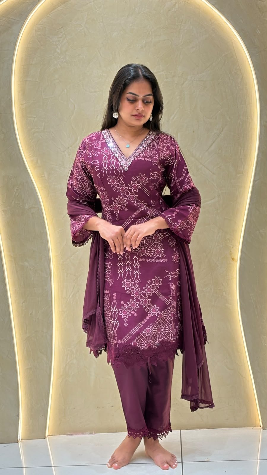 Wine Bandhani Print Kurta Set with Sequin Neckline & Lace Dupatta | 3-Piece