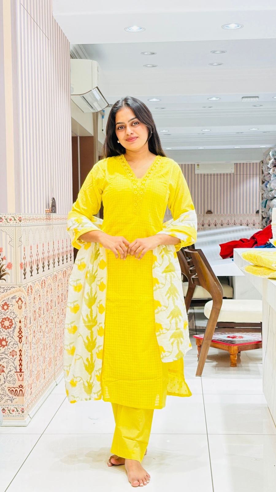 Yellow Chikankari Suit Set with Floral Dupatta | 3-Piece