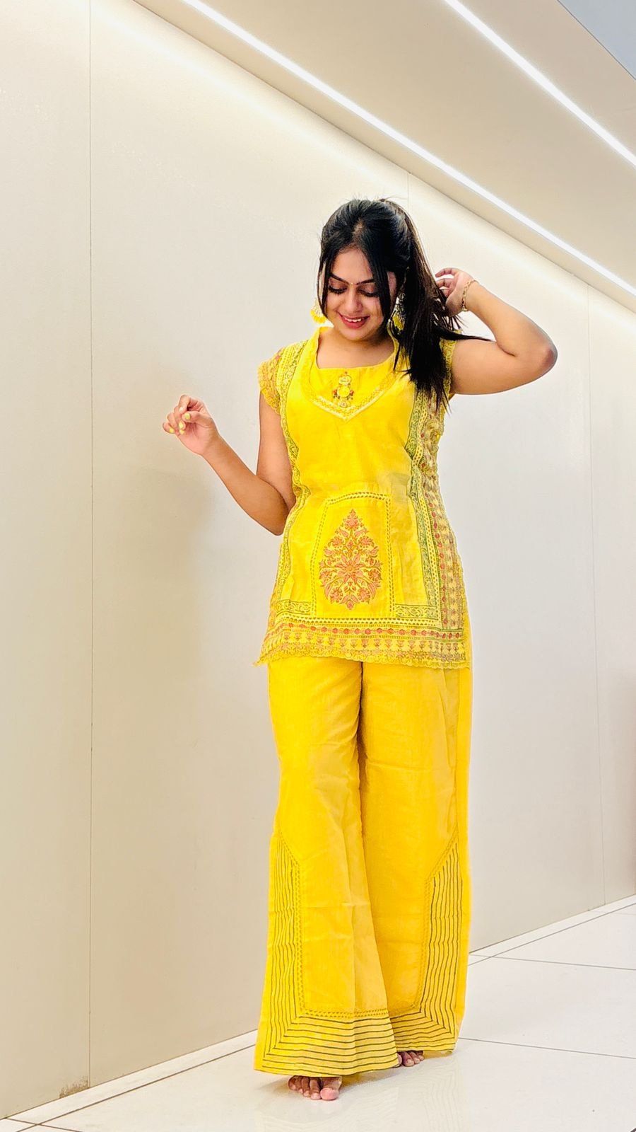 Yellow Lucknowi Embroidered Co-ord Set | 2-Piece Kurti & Palazzo