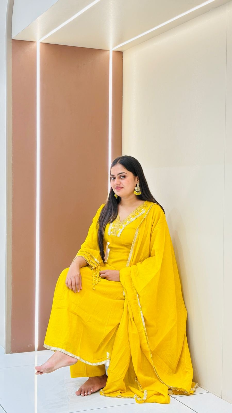 Yellow Mirror Work Anarkali Set | 3-Piece Kurti, Palazzo & Dupatta