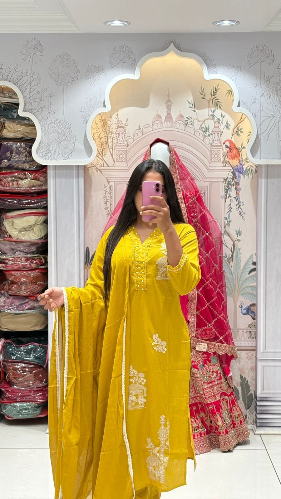 Yellow Mughal Motif Embroidered Suit Set | 3-Piece Kurti, Pants & Dupatta
