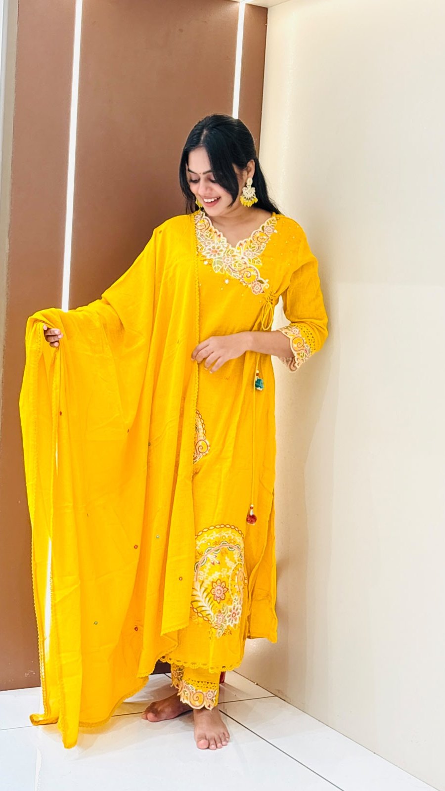 Yellow Paisley Embroidered Anarkali Set | 3-Piece Kurti, Pants & Dupatta