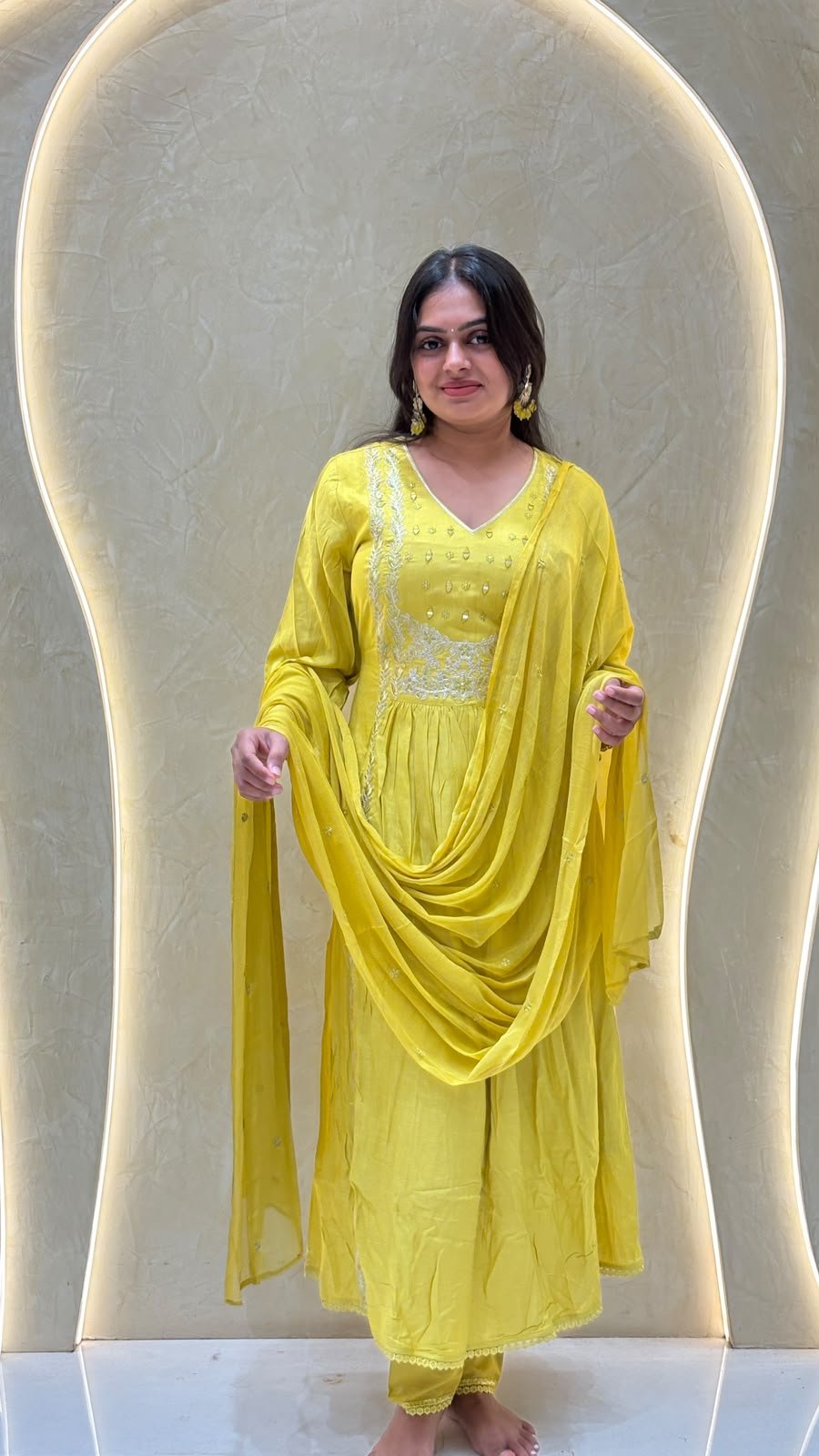 Yellow Embroidered Anarkali Kurta Set with Cowl Dupatta | 3-Piece