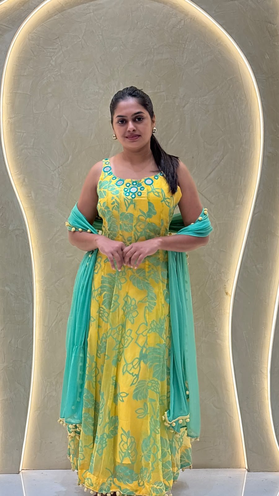 Yellow-Green Floral Organza Fit & Flare Dress with Dupatta | 2-Piece
