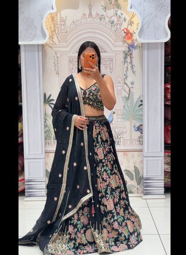 Black Floral Embroidered Lehenga Set | 3-Piece Blouse, Lehenga Skirt & Dupatta
