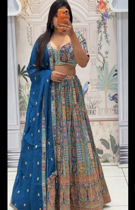 Blue Multicolour Printed Lehenga Set | 3-Piece Embroidered Blouse, Skirt & Dupatta