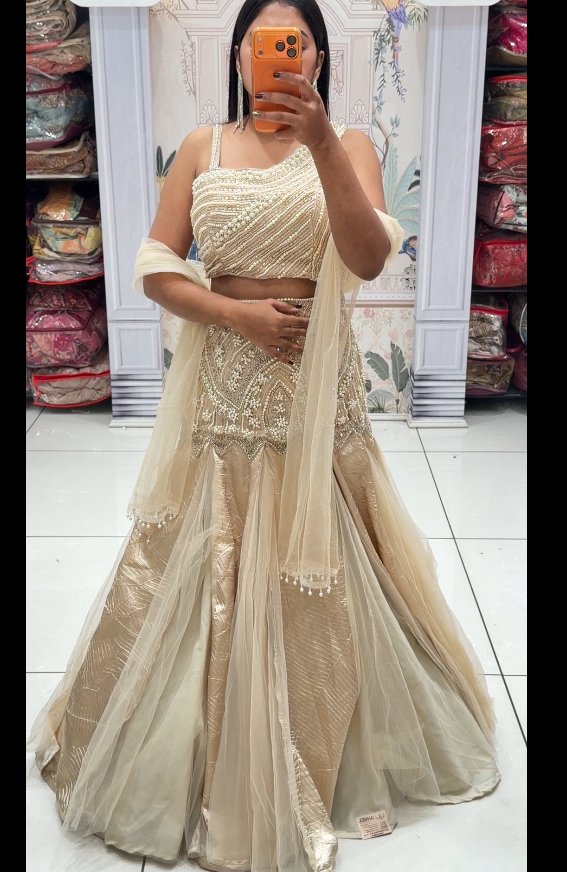 Cream Champagne Embroidered Fishtail Lehenga Set | 3-Piece Blouse, Skirt & Dupatta