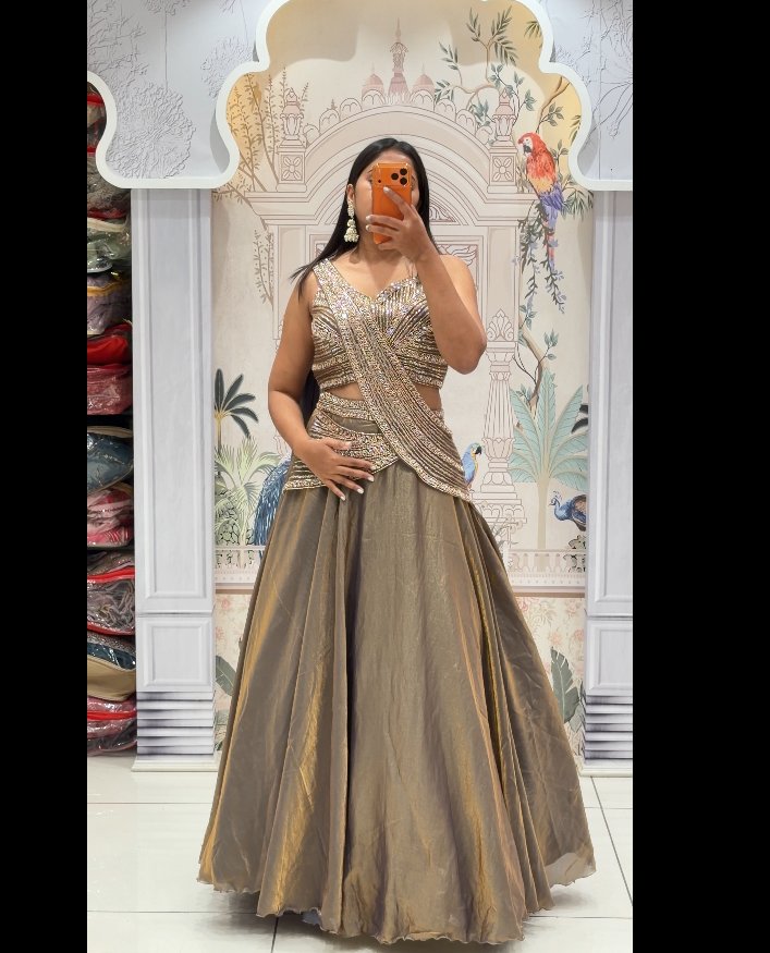 Gold Bronze Draped Crossover Lehenga Set | 2-Piece Blouse & Shimmer Skirt