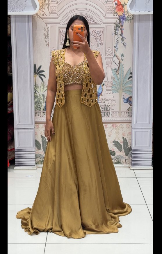 Gold Sequin Blouse with Crochet Jacket & Olive Satin Lehenga | 3-Piece Set