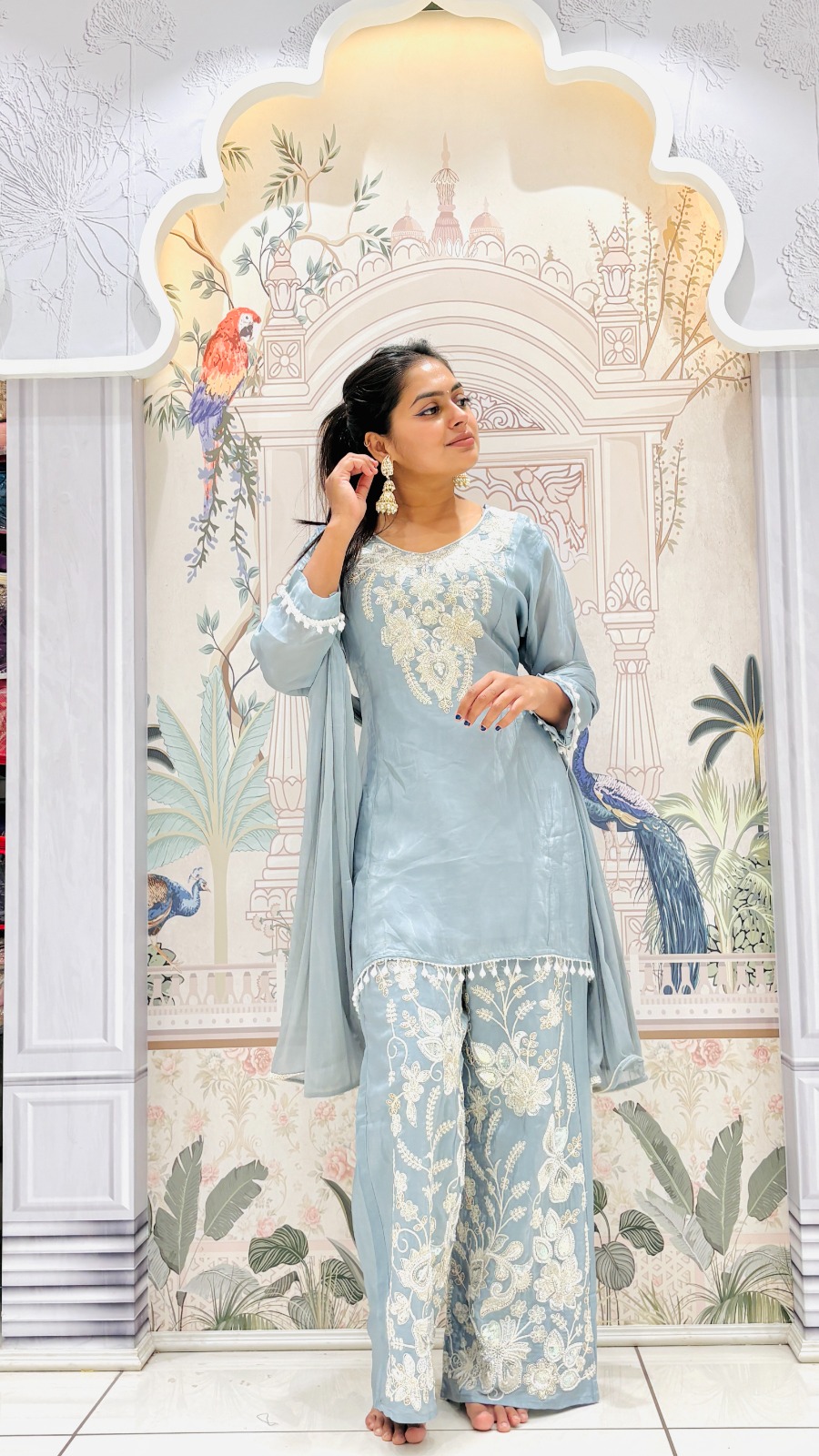 Ice Blue Embroidered Sharara Set | 3-Piece Kurti, Palazzo & Dupatta