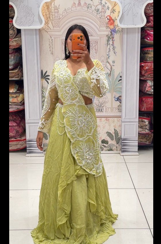 Lime Green Embroidered Lehenga Set with Floral Appliqué & Draped Skirt | 2-Piece Set