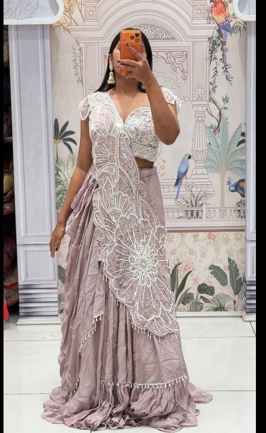 Mauve Crushed Lehenga with White Embroidered Blouse & Floral Appliqué Dupatta | 3-Piece Set