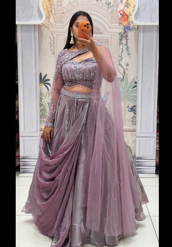 Mauve Lilac Sequin Lehenga Set with Full Sleeve Blouse & Attached Dupatta | 3-Piece Set
