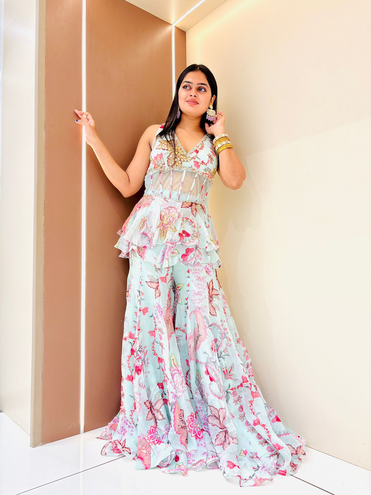 Mint Floral Printed Ruffle Sharara Set | Corset Top, Sharara & Dupatta