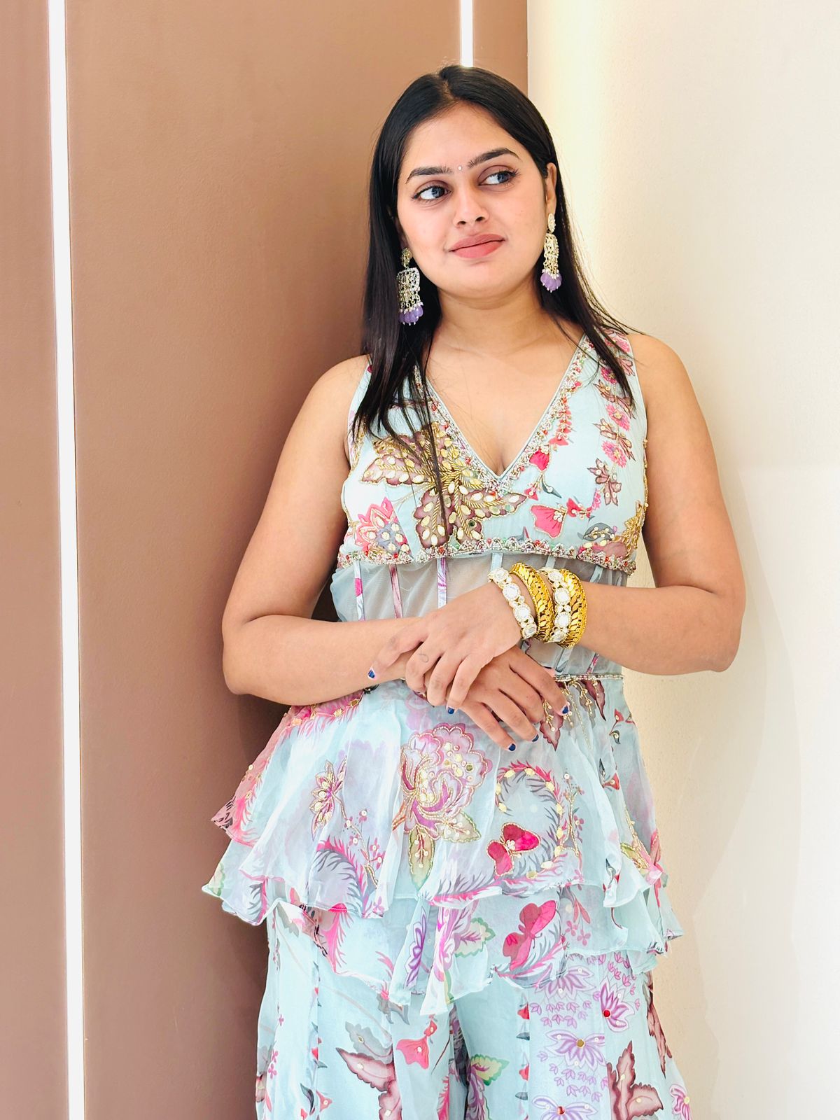 Mint Floral Printed Ruffle Sharara Set | Corset Top, Sharara & Dupatta - Image 3