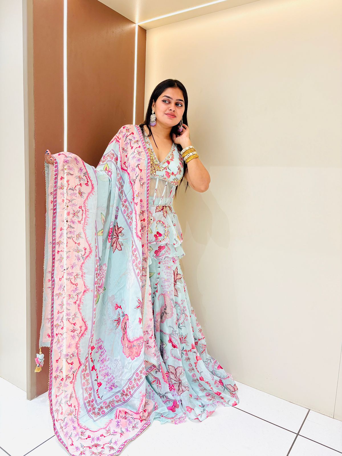 Mint Floral Printed Ruffle Sharara Set | Corset Top, Sharara & Dupatta - Image 4