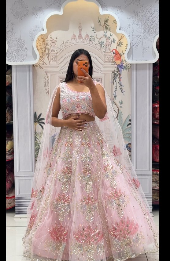 Baby Pink Floral Embroidered Lehenga Set | 3-Piece Blouse, Skirt & Net Dupatta