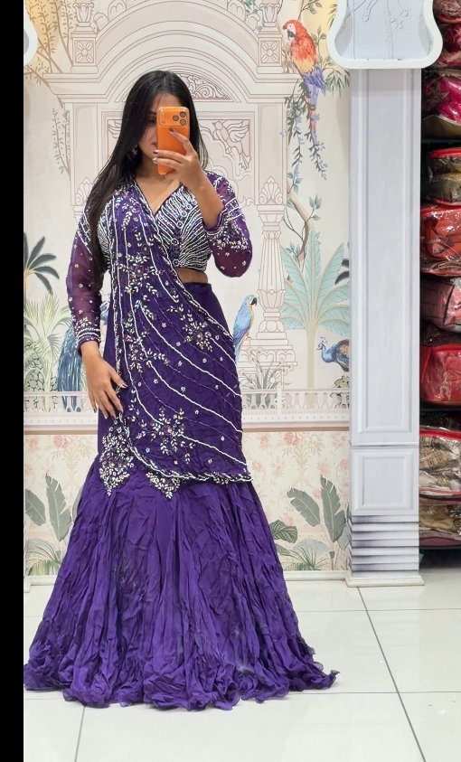 Purple Embroidered Draped Saree-Style Lehenga Set | 2-Piece Full Sleeve Blouse & Skirt
