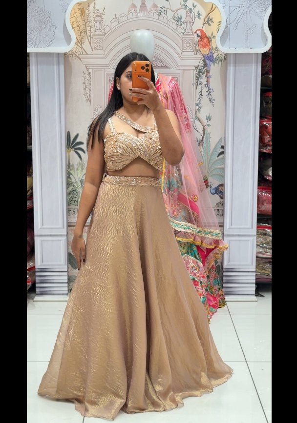 Rose Gold Embroidered Lehenga Set | 2-Piece Blouse & Shimmer Skirt