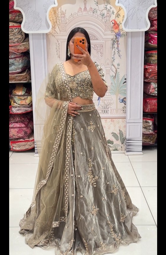 Sage Grey Embroidered Organza Lehenga Set | 3-Piece Blouse, Skirt & Dupatta