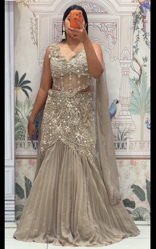 Silver Heavily Embroidered Fishtail Lehenga Set with Cape Dupatta | 3-Piece Set