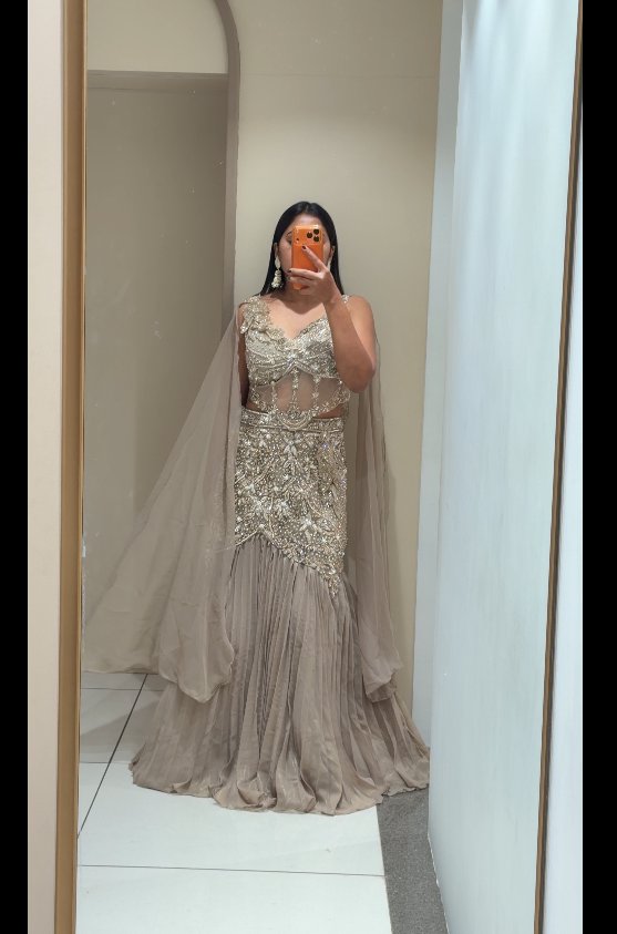 Silver Embroidered Corset Top with Grey Fishtail Lehenga & Cape | 3-Piece Bridal Set