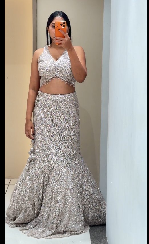 Silver Grey Heavily Embroidered Fishtail Lehenga | 2-Piece Crossover Blouse & Mermaid Skirt