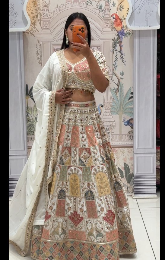 White Multicolour Block Print Embroidered Lehenga Set | 3-Piece Blouse, Skirt & Dupatta