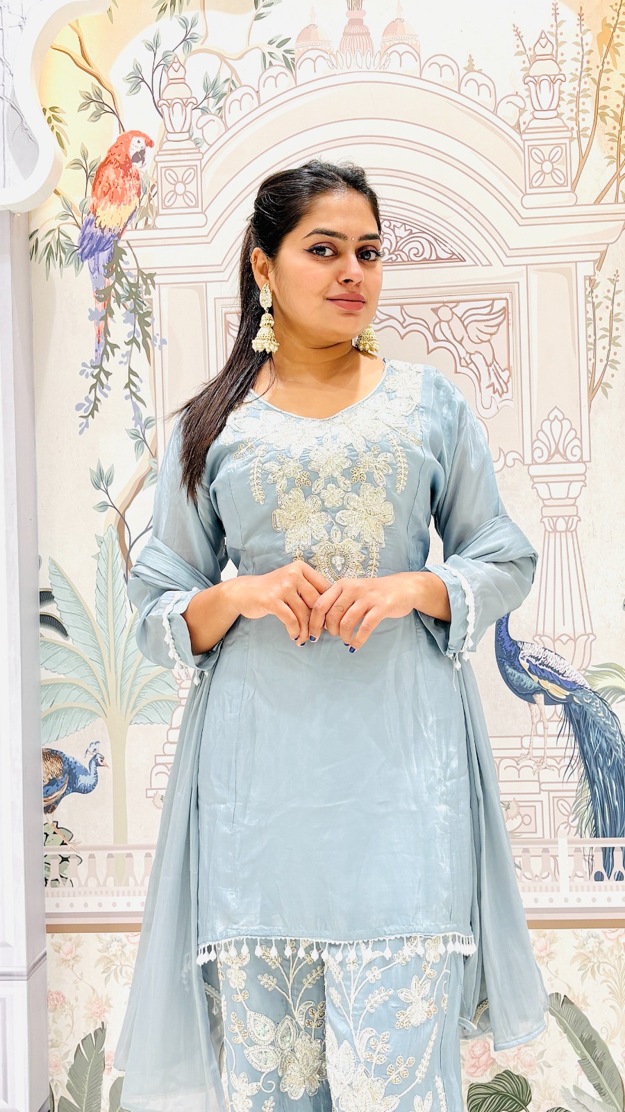 Ice Blue Embroidered Sharara Set | 3-Piece Kurti, Palazzo & Dupatta - Image 6
