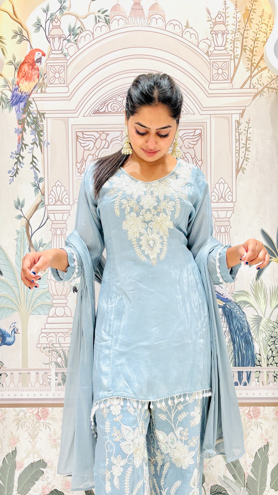 Ice Blue Embroidered Sharara Set | 3-Piece Kurti, Palazzo & Dupatta - Image 4