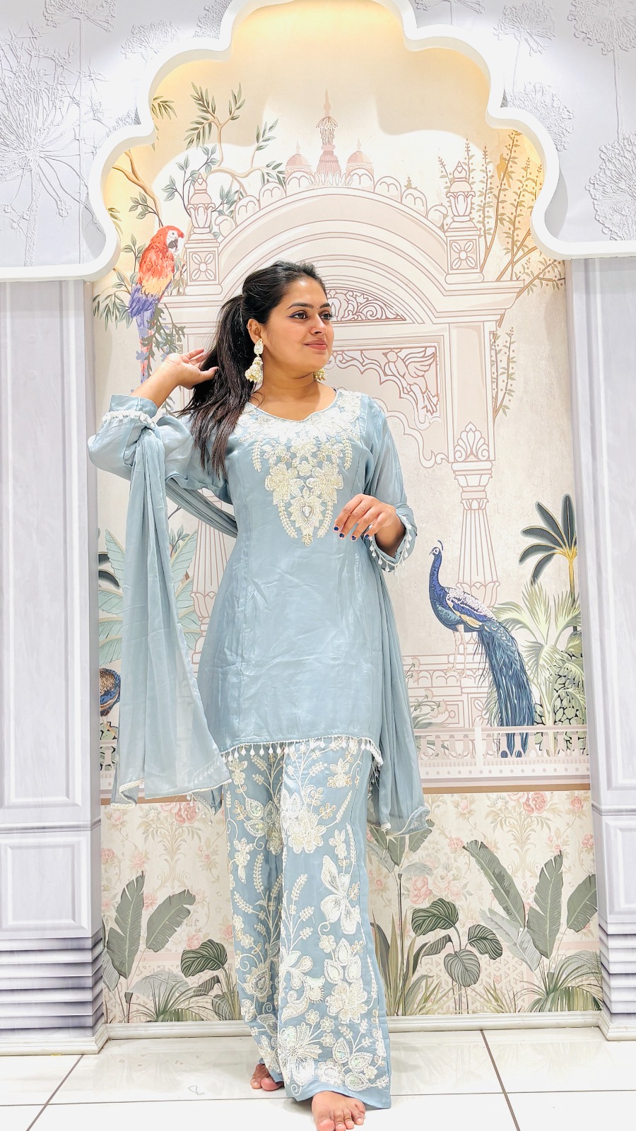 Ice Blue Embroidered Sharara Set | 3-Piece Kurti, Palazzo & Dupatta - Image 3