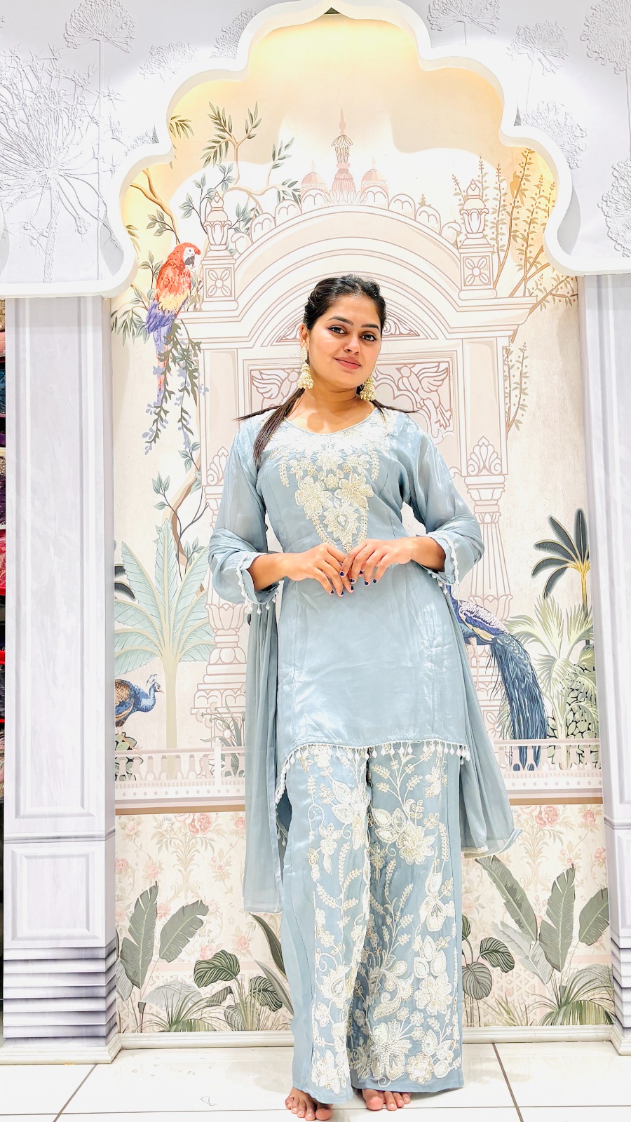 Ice Blue Embroidered Sharara Set | 3-Piece Kurti, Palazzo & Dupatta - Image 7